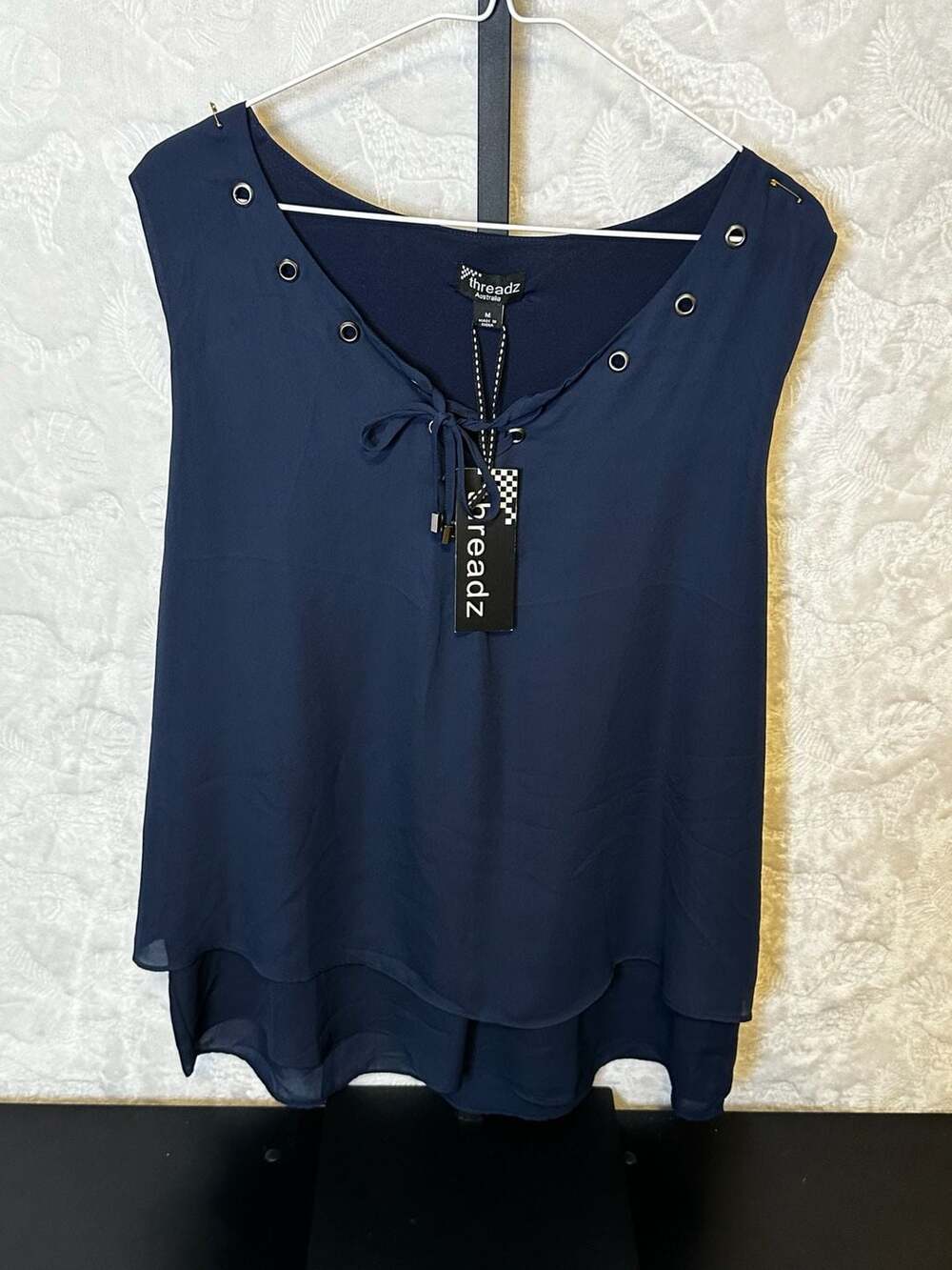 Threadz Australia Navy Blue Eyelet Lace-Up Layered Sleeveless Top Size M
